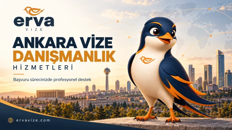 Ankara vize danışmanlık hizmetleri – Erva Vize logosu ve maskotu, Ankara şehir manzarası