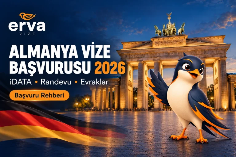 Almanya vize başvurusu 2026 iDATA randevu ve evrak rehberi, Brandenburg Kapısı, Erva Vize logosu ve maskotu