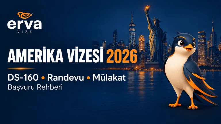 Amerika vizesi 2026 DS-160, randevu ve mülakat rehberi – Erva Vize logosu ve maskotu.