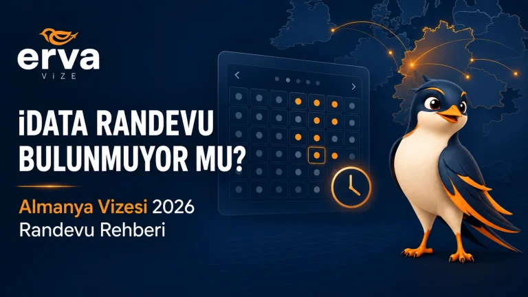 iDATA randevu bulunmuyor: Almanya vizesi 2026 randevu rehberi, Erva Vize logosu ve maskotu