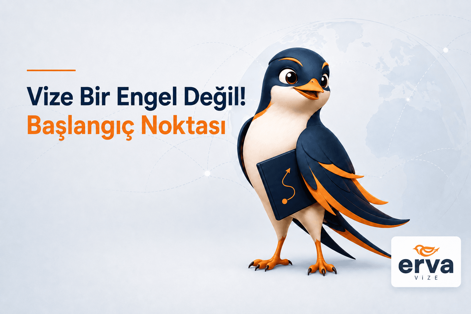 Erva Vize ana sayfa hero görseli – maskot ve “Vize Bir Engel Değil! Başlangıç Noktası” sloganı