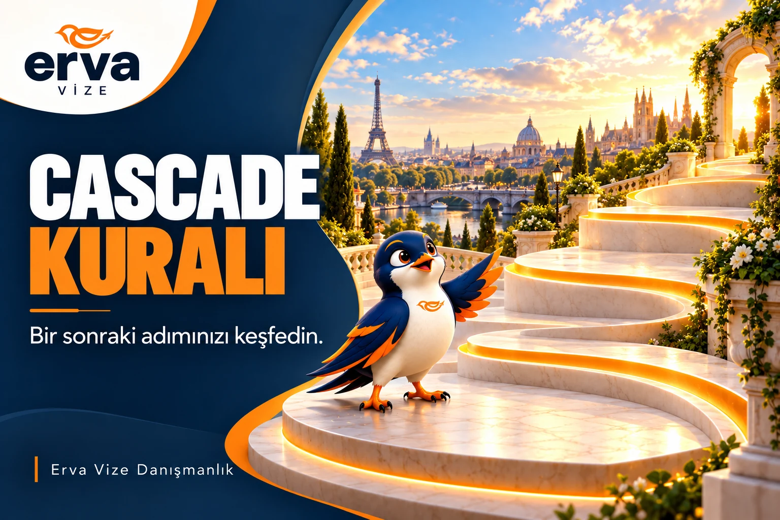 Erva Vize maskotuyla Cascade kuralı ve bir sonraki adıma yükselen ışıklı merdiven