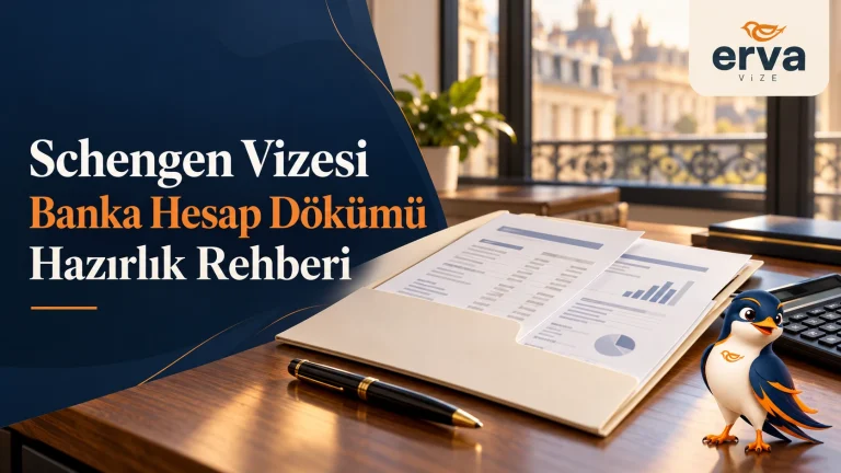 Schengen vizesi banka hesap dökümü hazırlığı: dosya, banka belgeleri ve Erva Vize kuş maskotu