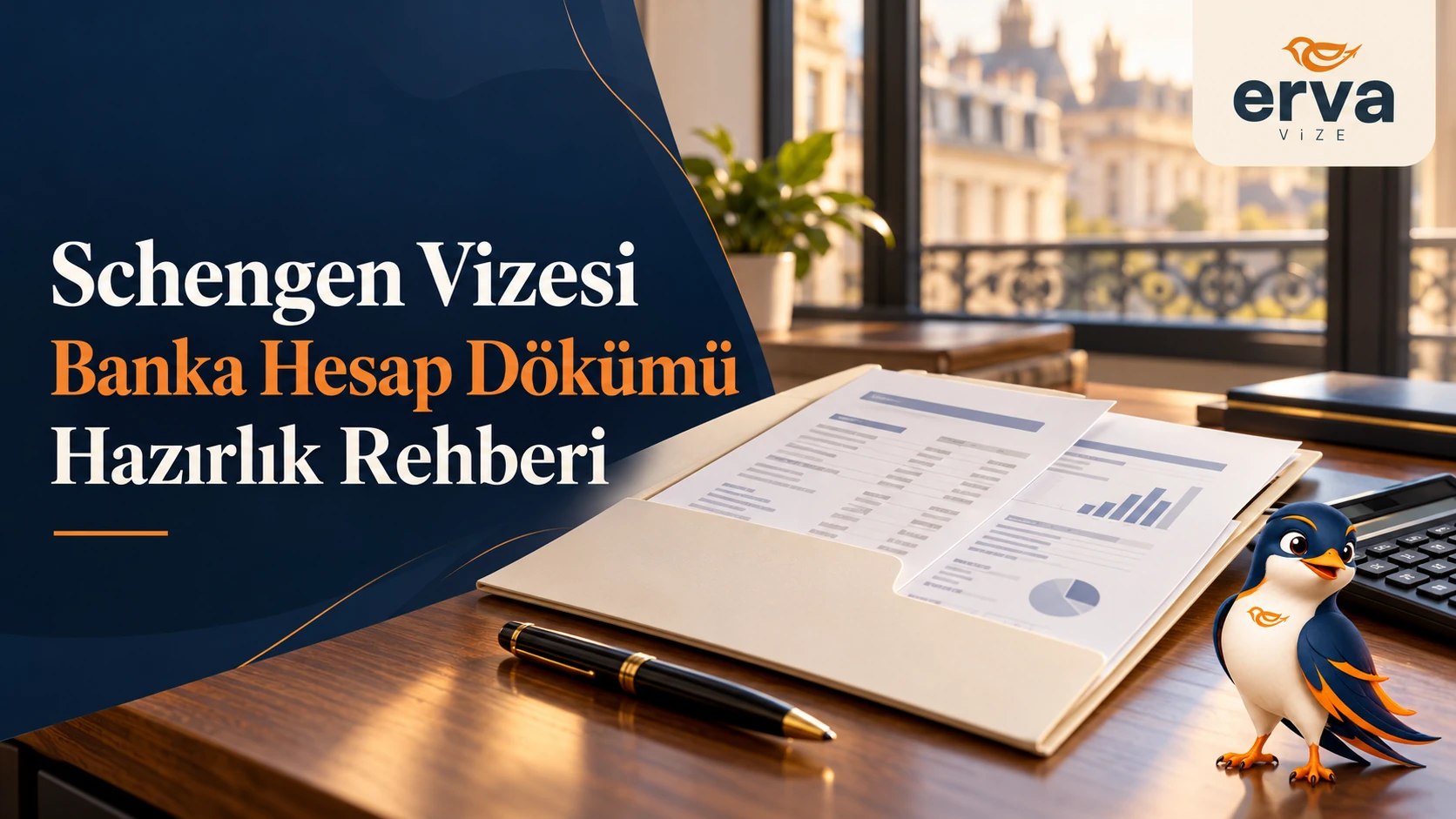 Schengen vizesi banka hesap dökümü hazırlığı: dosya, banka belgeleri ve Erva Vize kuş maskotu