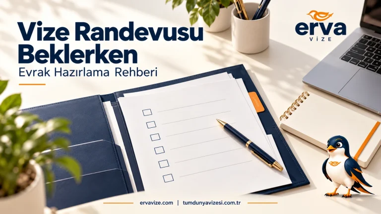 Vize randevusu beklerken evrak hazırlığı: dosya, kontrol listesi ve Erva Vize maskotu